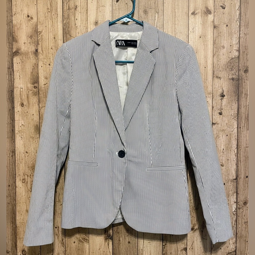 Zara Navy and White Striped Blazer